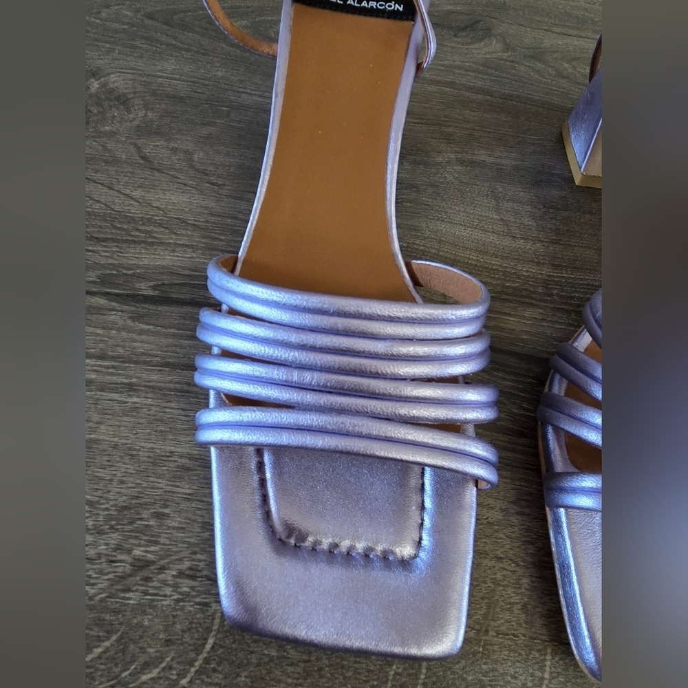 Metallic Lavender Strappy Block Heel Sandals - Picture 2 of 16